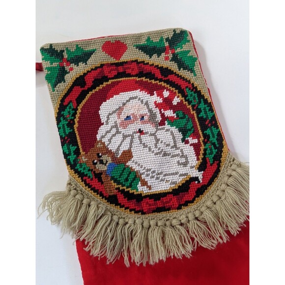 Vintage Needlepoint Santa Stocking Fringe Red Velvet Back Teddy Bear Christmas - Picture 6 of 6